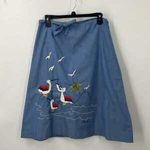Helen Cerda vintage hand embroidered bird novelty, print wrap skirt L